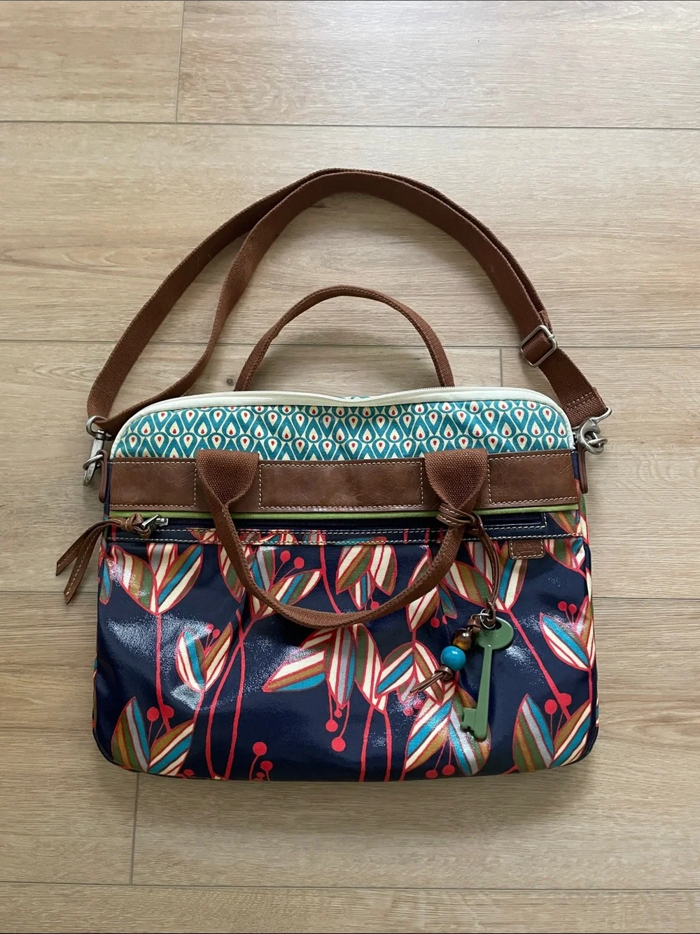 Fossil Women’s Floral Convertible laptop Shoulder Bag - Navy, Brown Travel #0122